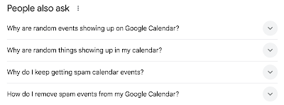 Top four "people also ask" selections for a Google search for "google calendar unrecognised events:"