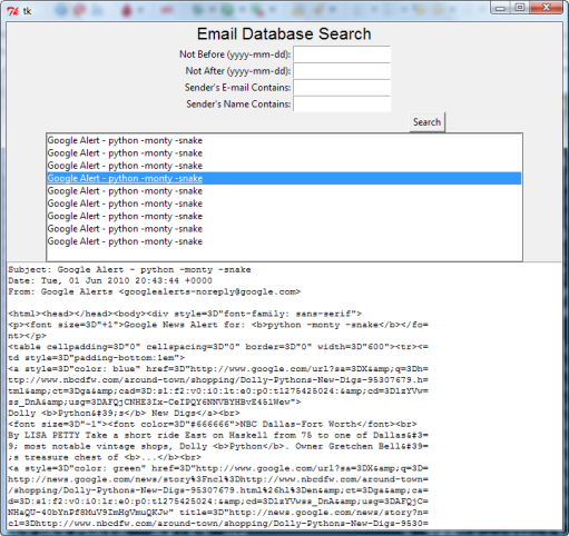 Completed tkinter GUI showing search fields, message list, and message body displayed after double-clicking a subject