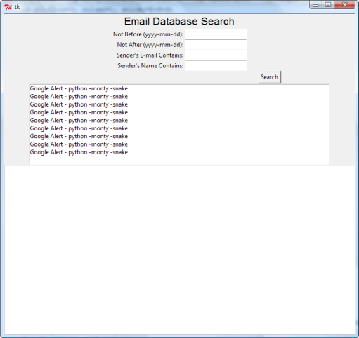 tkinter GUI window with message subject lines listed in the Listbox