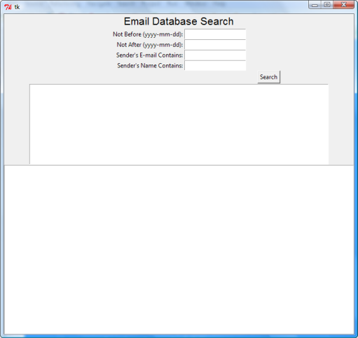 Initial tkinter GUI window with search fields and empty listbox and text area