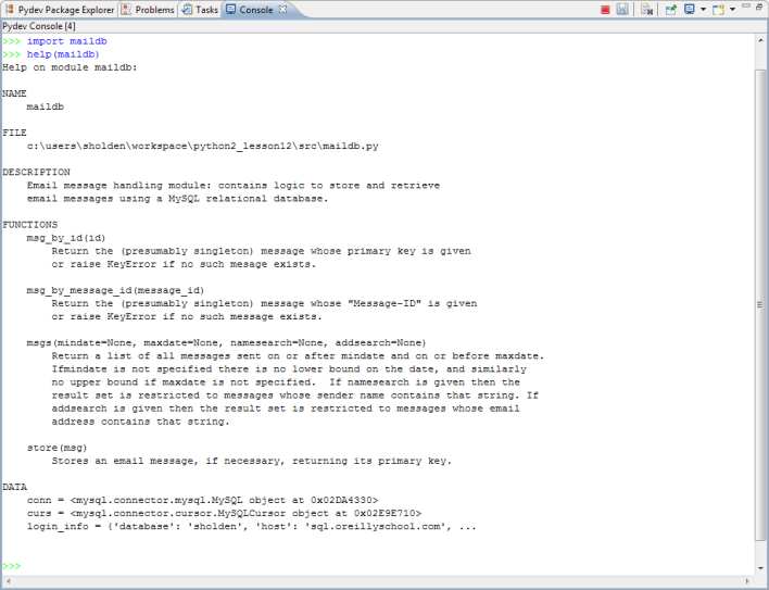 Python help() output for the maildb module, showing docstrings for store, msg_by_id, msg_by_message_id, and msgs