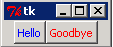 Updated Tkinter demo window showing a blue Hello button on the left and a red Goodbye button on the right