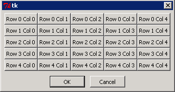 Screenshot of dialog.py showing a 5x5 grid of buttons inside a dialog with OK and Cancel
