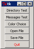 Screenshot of dialogdemo.py showing buttons for Directory Test, Messages Test, Color Choice, Open File, Save File, and Quit