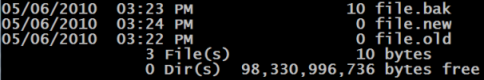Directory listing showing file.old, file.bak, and file.new with different modification times