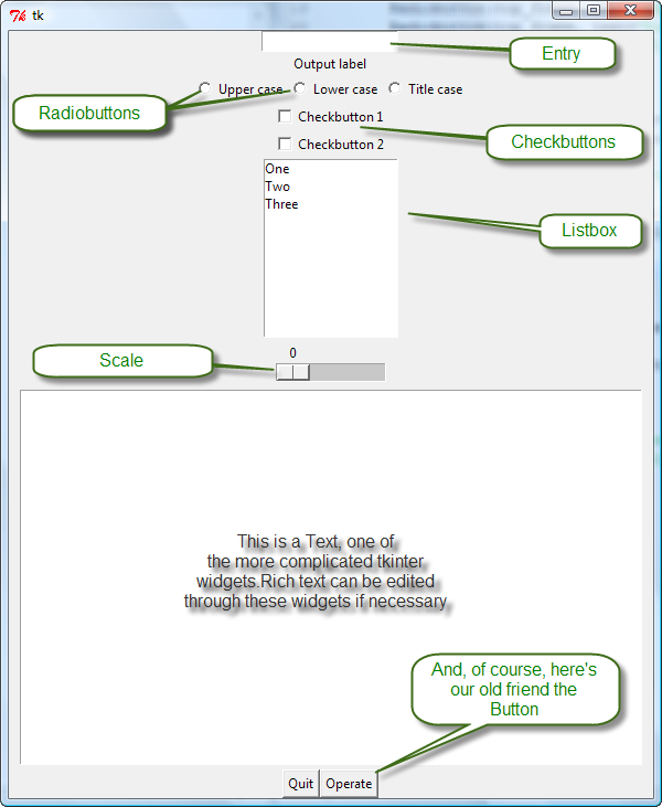 A Tkinter window demonstrating many widgets jumbled together: labels, buttons, entry fields, checkbuttons, radiobuttons, listbox, scale, and more