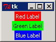 Three stacked coloured labels (red, green, blue) in a Tkinter window at its default size