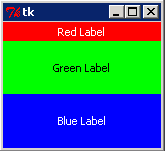 Expanded window showing the red label unchanged in height while the green and blue labels have grown to fill the remaining space