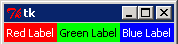 Three side-by-side coloured labels (red, green, blue) in a Tkinter window at its default size