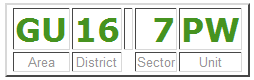 Examples of valid UK postal code formats showing the structure: one or two letters, one or two digits, a space, then one digit and two letters